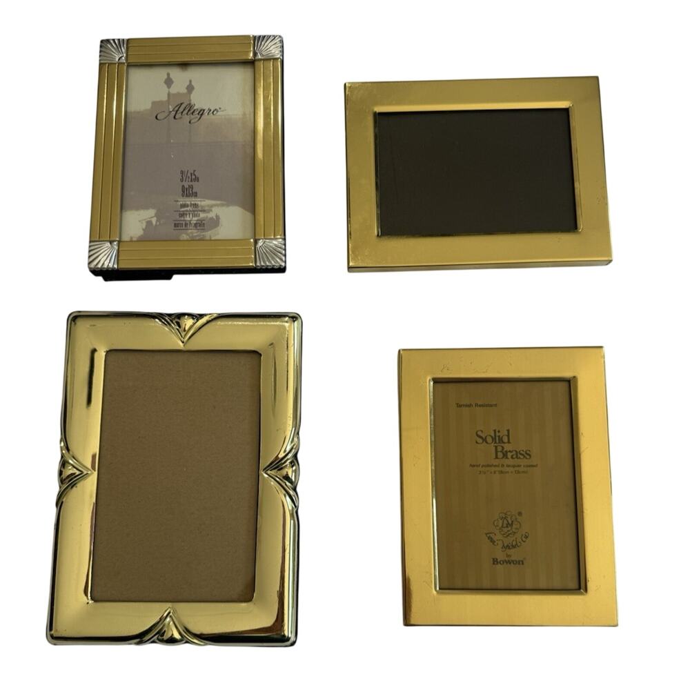 Vintage Solid Brass Picture Frame Set 4 Gold Metal 5x7 3x5 Photo Frames